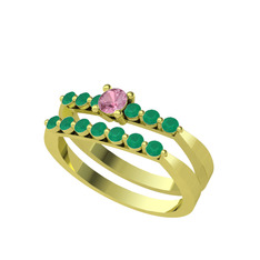 İkili 7 Taş Yüzük - Pembe kuvars ve kök zümrüt 8 ayar altın yüzük #max4a6