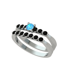 İkili 7 Taş Yüzük - Akuamarin ve siyah zirkon 8 ayar beyaz altın yüzük #mmo16q