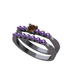 İkili 7 Taş Yüzük - Dumanlı kuvars ve ametist 925 ayar siyah rodyum kaplama gümüş yüzük #mtt8x4