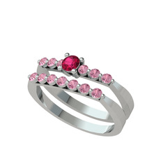 İkili 7 Taş Yüzük - Rodolit garnet ve pembe kuvars 14 ayar beyaz altın yüzük #nejgag