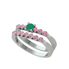 İkili 7 Taş Yüzük - Kök zümrüt ve pembe kuvars 14 ayar beyaz altın yüzük #qotmtp