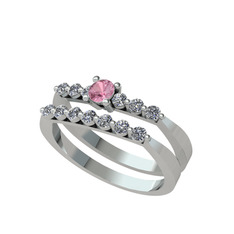 İkili 7 Taş Yüzük - Pembe kuvars ve pırlanta 18 ayar beyaz altın yüzük (0.52 karat) #qq9ils