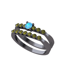 İkili 7 Taş Yüzük - Akuamarin ve peridot 925 ayar siyah rodyum kaplama gümüş yüzük #r1i380