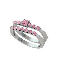 İkili 7 Taş Yüzük - Pembe kuvars 8 ayar beyaz altın yüzük #r671l1