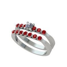 İkili 7 Taş Yüzük - Pırlanta ve garnet 14 ayar beyaz altın yüzük (0.24 karat) #suye4k