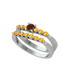 İkili 7 Taş Yüzük - Dumanlı kuvars ve sitrin 8 ayar beyaz altın yüzük #xmgfg