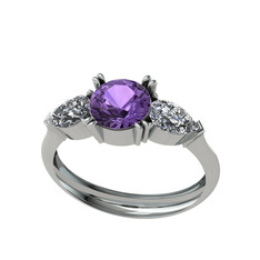 Bast Tria Yüzük - Ametist ve beyaz zirkon 14 ayar beyaz altın yüzük #11zikpq