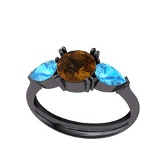 Bast Tria Yüzük - Dumanlı kuvars ve akuamarin 925 ayar siyah rodyum kaplama gümüş yüzük #1a9nmql