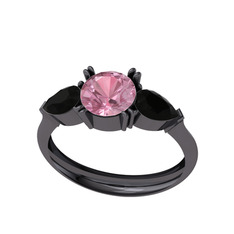 Pembe kuvars ve siyah zirkon 925 ayar siyah rodyum kaplama gümüş yüzük