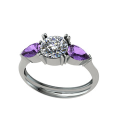 Bast Tria Yüzük - Beyaz zirkon ve ametist 18 ayar beyaz altın yüzük #1duv17y