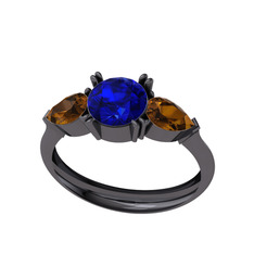 Lab safir ve dumanlı kuvars 925 ayar siyah rodyum kaplama gümüş yüzük