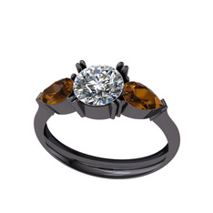 Swarovski ve dumanlı kuvars 925 ayar siyah rodyum kaplama gümüş yüzük