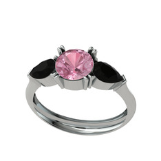Bast Tria Yüzük - Pembe kuvars ve siyah zirkon 14 ayar beyaz altın yüzük #1hteda3
