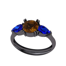 Bast Tria Yüzük - Dumanlı kuvars ve lab safir 925 ayar siyah rodyum kaplama gümüş yüzük #1ih3kc