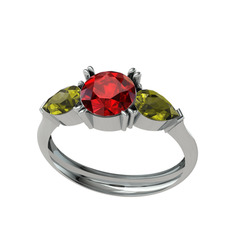 Bast Tria Yüzük - Garnet ve peridot 14 ayar beyaz altın yüzük #1mnxpxq