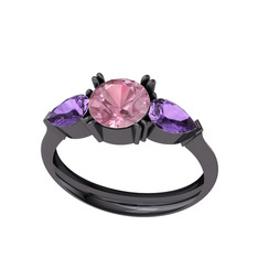 Bast Tria Yüzük - Pembe kuvars ve ametist 925 ayar siyah rodyum kaplama gümüş yüzük #1nba0pm