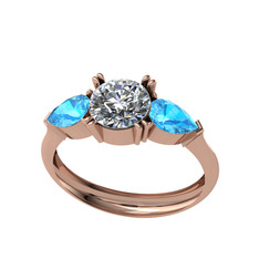 Bast Tria Yüzük - Beyaz zirkon ve akuamarin 14 ayar rose altın yüzük #1r108c3