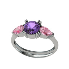 Ametist ve pembe kuvars 8 ayar beyaz altın yüzük