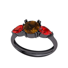 Bast Tria Yüzük - Dumanlı kuvars ve garnet 925 ayar siyah rodyum kaplama gümüş yüzük #1v8351c