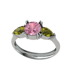 Pembe kuvars ve peridot 8 ayar beyaz altın yüzük