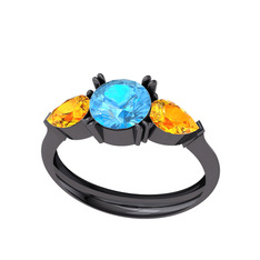 Bast Tria Yüzük - Akuamarin ve sitrin 925 ayar siyah rodyum kaplama gümüş yüzük #3zzrdh