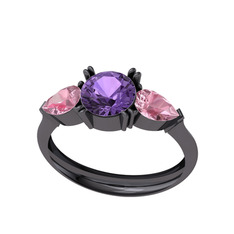 Bast Tria Yüzük - Ametist ve pembe kuvars 925 ayar siyah rodyum kaplama gümüş yüzük #6ae2sc