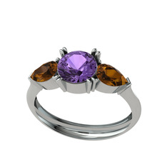 Bast Tria Yüzük - Ametist ve dumanlı kuvars 14 ayar beyaz altın yüzük #6w0x1g