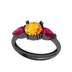 Bast Tria Yüzük - Sitrin ve rodolit garnet 925 ayar siyah rodyum kaplama gümüş yüzük #70qof3