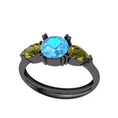 Akuamarin ve peridot 925 ayar siyah rodyum kaplama gümüş yüzük