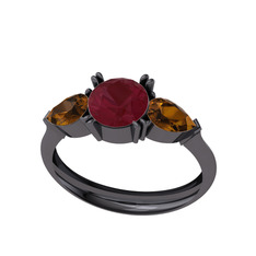 Bast Tria Yüzük - Kök yakut ve dumanlı kuvars 925 ayar siyah rodyum kaplama gümüş yüzük #aah0fc