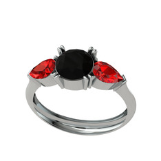 Bast Tria Yüzük - Siyah zirkon ve garnet 18 ayar beyaz altın yüzük #b111ny