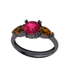 Rodolit garnet ve dumanlı kuvars 925 ayar siyah rodyum kaplama gümüş yüzük