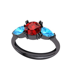 Bast Tria Yüzük - Garnet ve akuamarin 925 ayar siyah rodyum kaplama gümüş yüzük #ggickj
