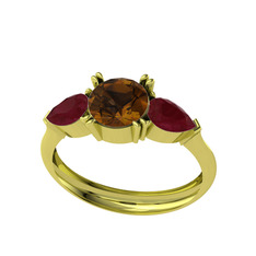 Bast Tria Yüzük - Dumanlı kuvars ve kök yakut 8 ayar altın yüzük #h0c66k