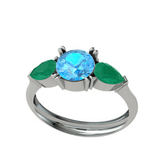 Bast Tria Yüzük - Akuamarin ve kök zümrüt 14 ayar beyaz altın yüzük #je0odl