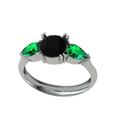 Siyah zirkon ve yeşil kuvars 14 ayar beyaz altın yüzük