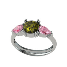 Bast Tria Yüzük - Peridot ve pembe kuvars 14 ayar beyaz altın yüzük #yeu6w1
