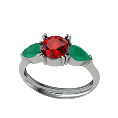 Bast Tria Yüzük - Garnet ve kök zümrüt 18 ayar beyaz altın yüzük #z43nvq