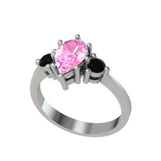 Dia Tria Yüzük - Pembe kuvars ve siyah zirkon 18 ayar beyaz altın yüzük #12pma3x