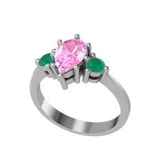 Dia Tria Yüzük - Pembe kuvars ve kök zümrüt 14 ayar beyaz altın yüzük #17j199w