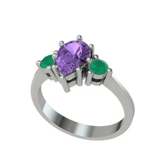 Dia Tria Yüzük - Ametist ve kök zümrüt 8 ayar beyaz altın yüzük #1800ueg