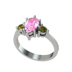 Dia Tria Yüzük - Pembe kuvars ve peridot 14 ayar beyaz altın yüzük #1co1f3z