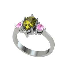Peridot ve pembe kuvars 14 ayar beyaz altın yüzük