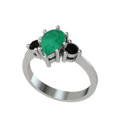 Kök zümrüt ve siyah zirkon 14 ayar beyaz altın yüzük