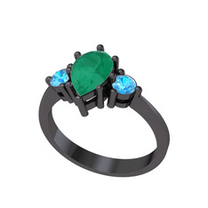 Dia Tria Yüzük - Kök zümrüt ve akuamarin 925 ayar siyah rodyum kaplama gümüş yüzük #3dwouz