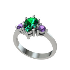 Dia Tria Yüzük - Yeşil kuvars ve ametist 14 ayar beyaz altın yüzük #8gknm3