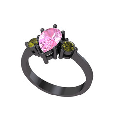 Dia Tria Yüzük - Pembe kuvars ve peridot 925 ayar siyah rodyum kaplama gümüş yüzük #b4jkgt