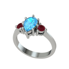 Dia Tria Yüzük - Akuamarin ve kök yakut 18 ayar beyaz altın yüzük #em13dc