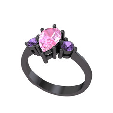 Dia Tria Yüzük - Pembe kuvars ve ametist 925 ayar siyah rodyum kaplama gümüş yüzük #fp4m71
