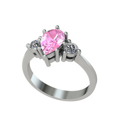 Pembe kuvars ve pırlanta 14 ayar beyaz altın yüzük (0.32 karat)